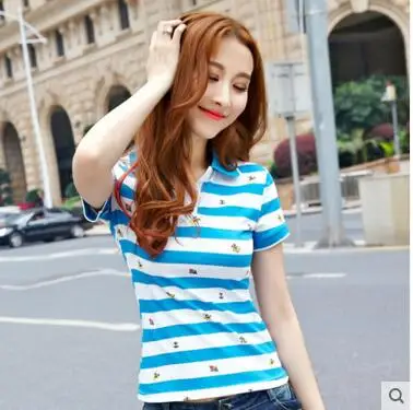 2018 summer women's stripe top loose slim turn-down collar short-sleeve t-shirt female polo shirt 1