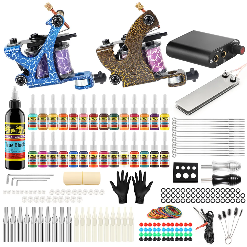 

Hybrid Complete Kit For Tattoo Liner and Shader Beginner Power Supply Foot Pedal Grips Needles Ink Set Tattoo Body&Art TK204-36