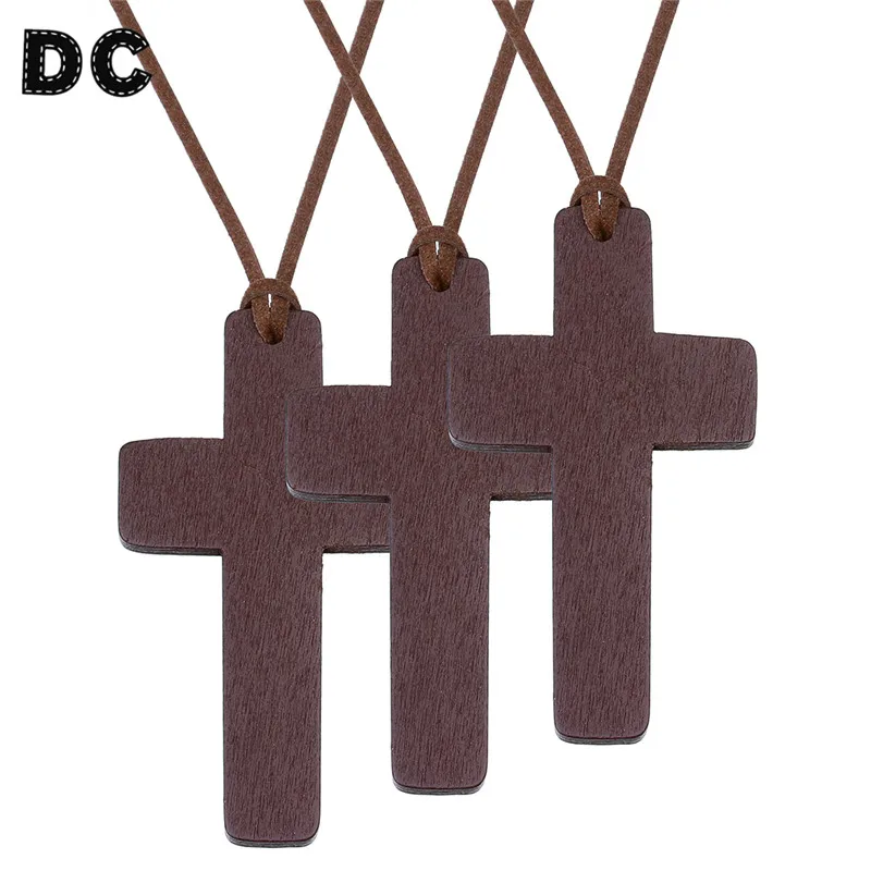 DC 1ks Vintage svetr dřevěný kříž Ježíš přívěsek dlouhé kožené lano náhrdelníky Collier Choker pro ženy Muži Křesťanské DIY šperky