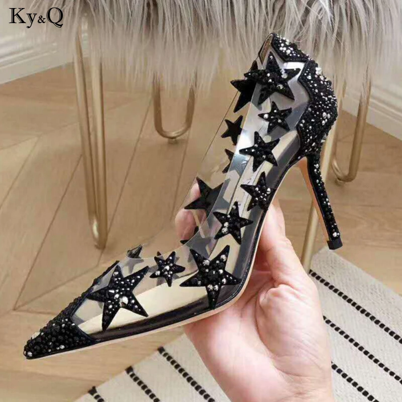 

Summer New 2019 Ladies Fashion Pointed Transparent Rhinestone Stiletto Stars Comfortable Versatile Casual High Heels 8-10cm