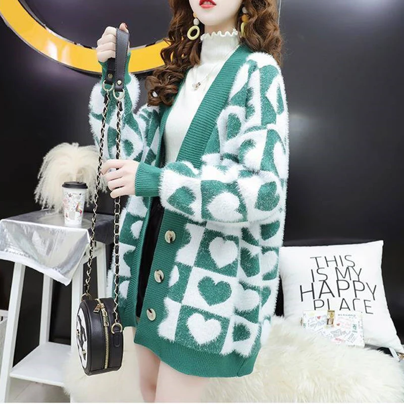 

Long Cardigan Female 2019 Autumn Winter Women Long Sleeve Loose Casual Heart pattern Mohair Sweater Knitted Cardigans For Women