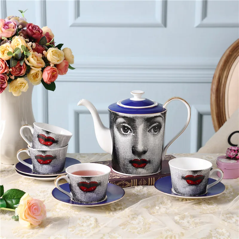

9Pcs/Set Fornasetti Design Bone China Lina Face Lips Style Tea Coffee Pot Cup and Saucer Set Classical Tableware Home Afternoon