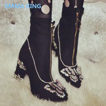 

New Sexy Flock Heel Ankle Boots Women Rhinestones Bow-Knot Pointed Toe Party Shoes Woman High Heels 2018 Lady Short Martin Boots
