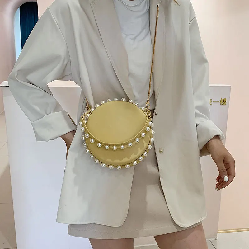 

Luxury Small Round Bag with Pearl Quality Ladies Small Messenger Bag Solid Color Leather Handbag Designers Chain Shoulder Bag