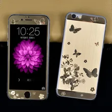 Для iphone 6 6s 6 plus передняя панель + крышка 3d бабочки покрытие металл наклейку кожи обложка case закаленное протектор экрана стекло розовое золото