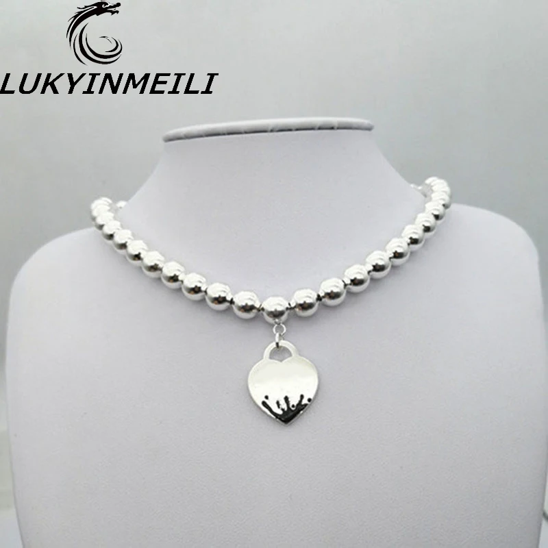 

TIFF 1:1 s 925 sterling silver necklace 8 mm beaded heart-shaped black enamel pendant fashion trend women's fresh European style