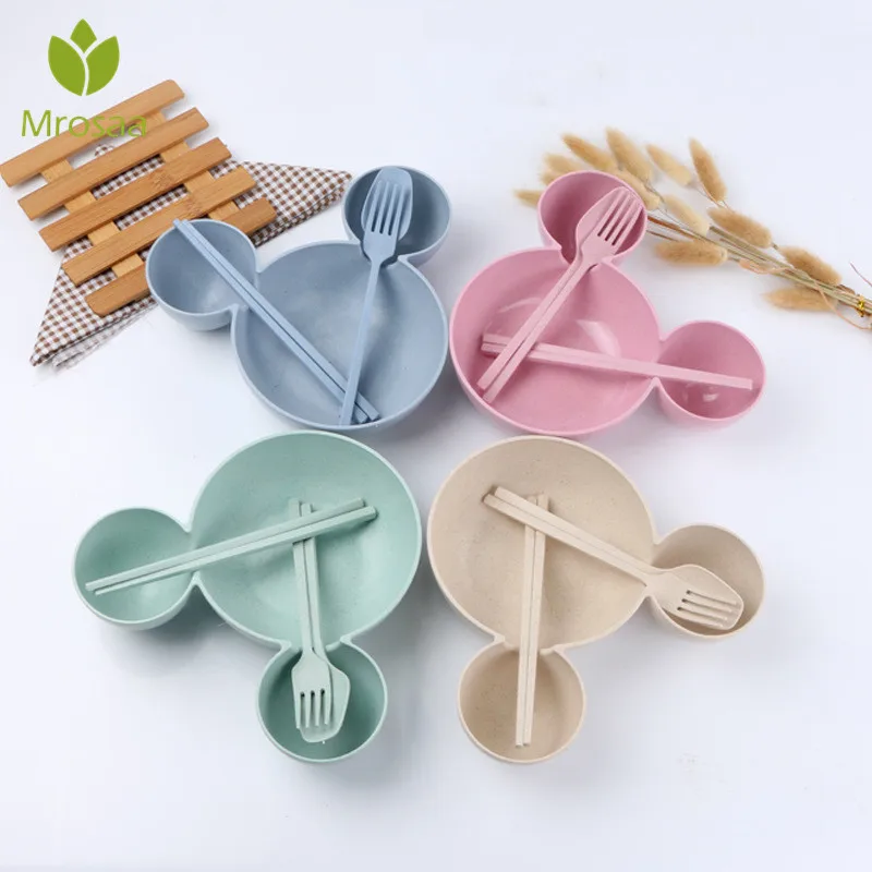 

Mrosaa New Children's FOR Mickey Cutlery Set Children's Four-piece Household Anti-hot Wheat Straw Rice Bowl