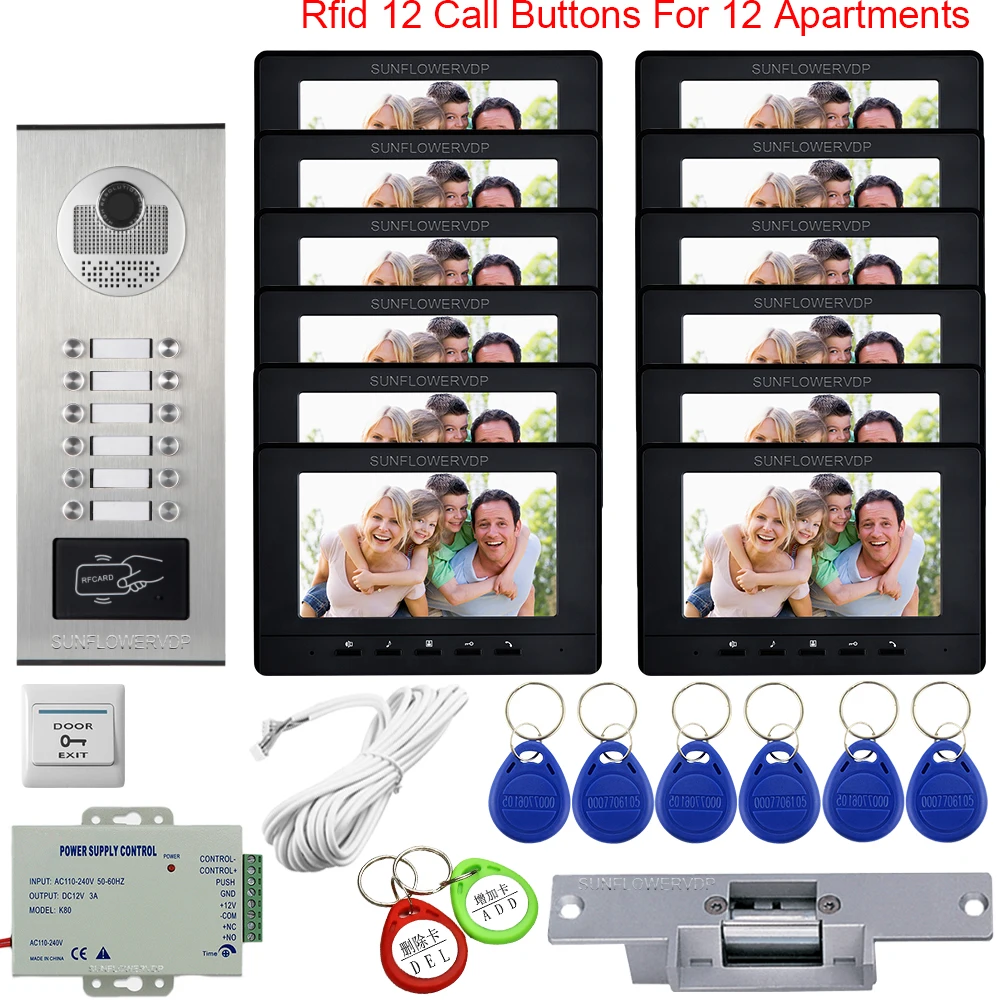 7\ Color Video Door Video Intercom 12 Monitors Power Supply System Unit Video Intercom for a Private House Electric Strike Lock