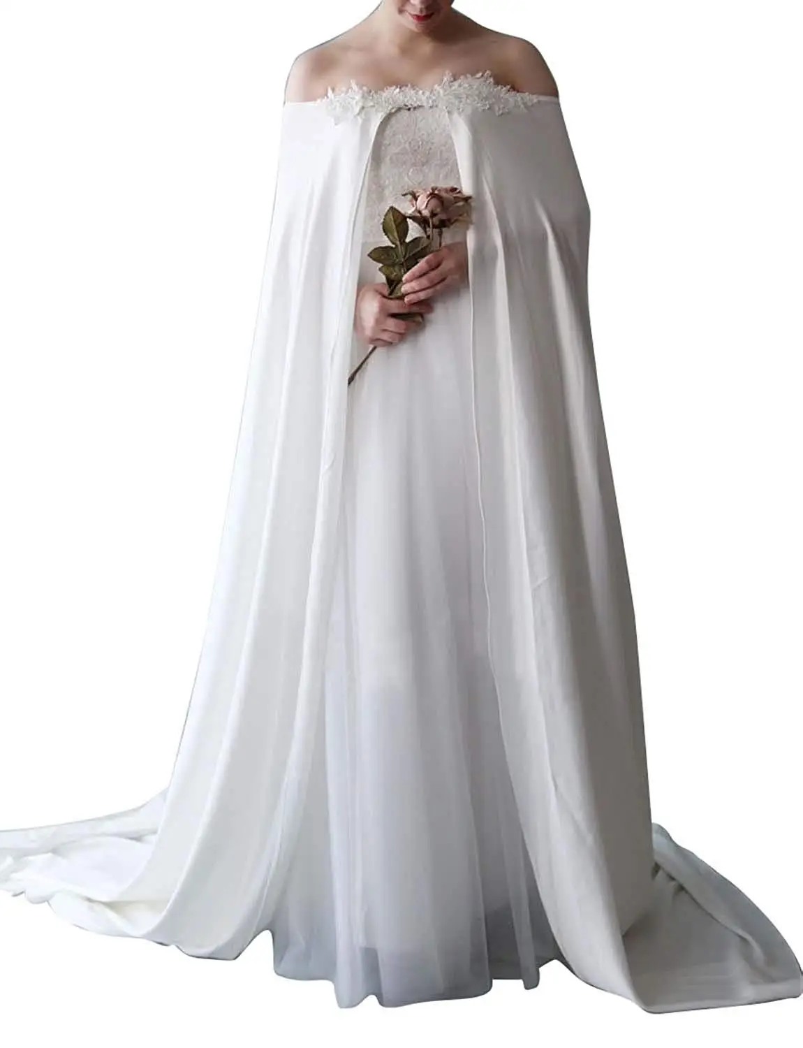 

2019 New Women's Long Capes for Bridal Wedding Chiffon Bride Wraps for Wedding Dresses with Lace