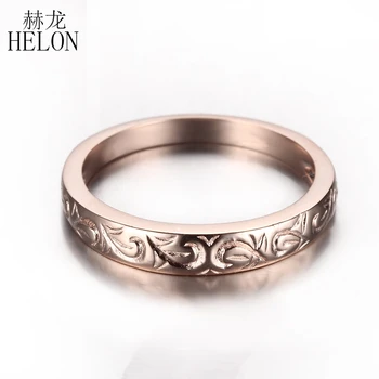 

HELON Solid 14k Rose Gold Nice Art Deco Anniversary Wedding Ring Band Women Engagement Classic Carving Trendy Fine Jewelry Ring