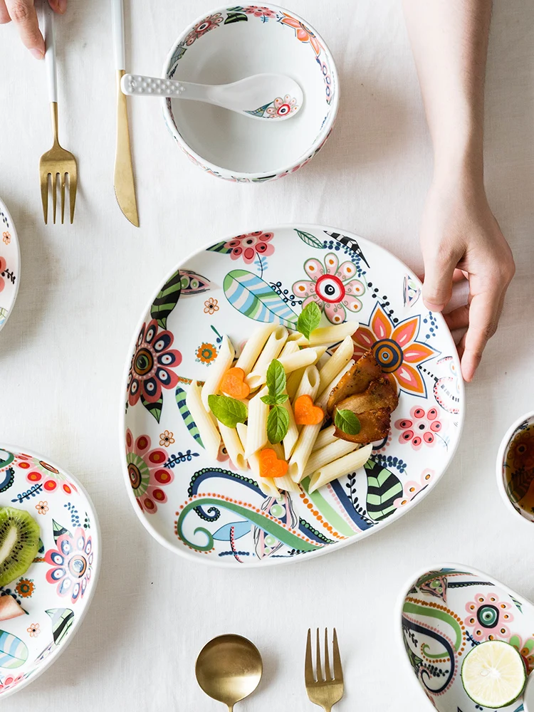 EECAMAIL богемный этнический стиль цветы матовая глазурь костяного фарфора тарелка чаша для риса керамическая Бытовая блюда для бифштекса блюдо европейский стиль