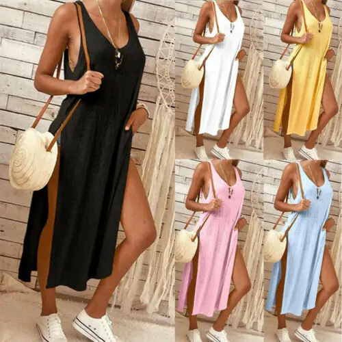 

Hot 2019 Sexy Women Sleeveless Split Straight O-Neck Casual Loose Shirtdress Plain Stretch Summer Solid Ladies Long Mid Dress