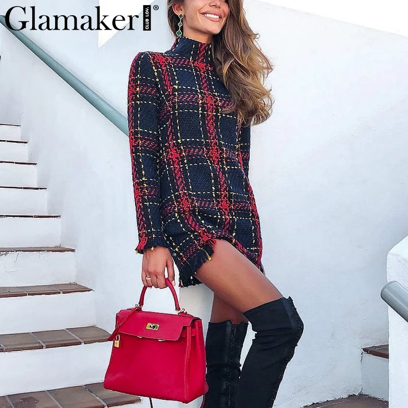 Женское твидовое платье Glamaker теплое клетчатое с кисточками и стоячим воротником