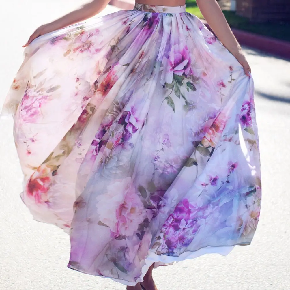 

NEW Chiffon BOHO Womens Floral Long Full Skirt Ruched Floral High Waist Swing Beach Sun Skirt Ladies Summer S-XL Size Clothes