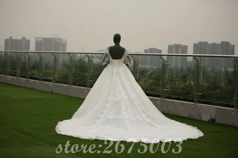 Real Photo 3/4 Sleeve Heavy Beading Modest Hand Made Wedding Dresses Ball Gown