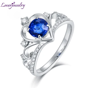 

LOVERJEWERLY Round Sapphire Rings Elegant Design Wedding Jewelry Geninue Diamonds 18K White Gold Rings For Women Engagement Gift