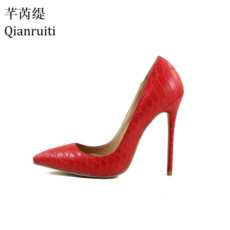

Qianruiti Gold Red Green Embossed Leather High Heels Shoes Sexy Pointed Toe Women Pumps 12CM Stiletto Heels Women Dress Shoes