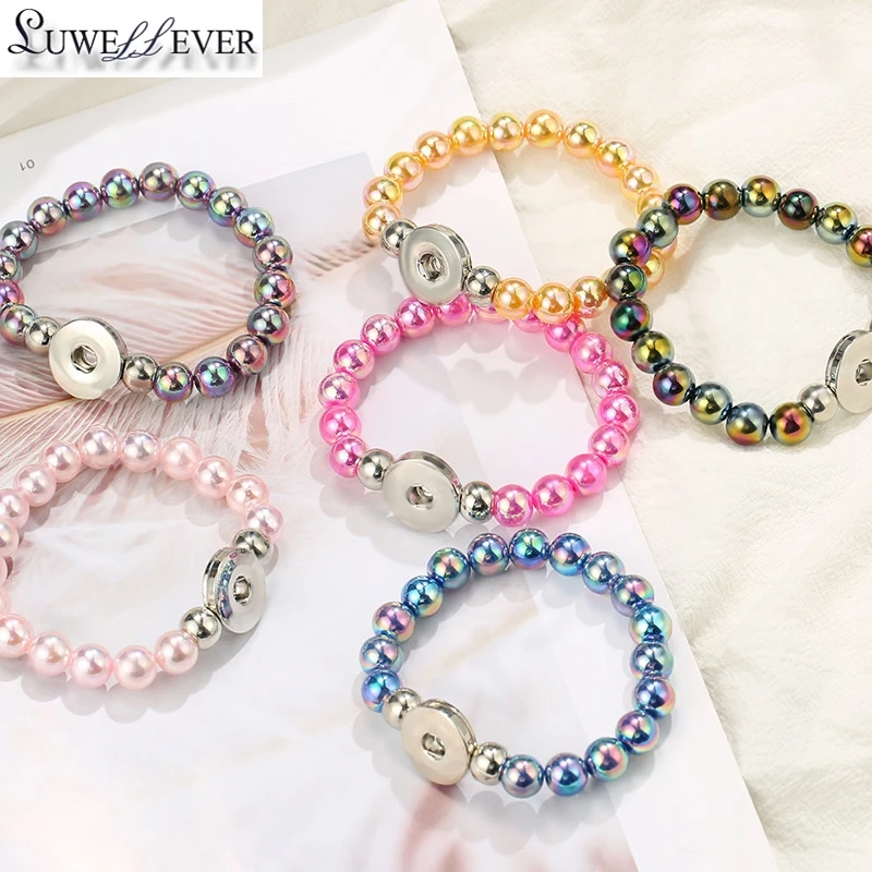 

Fashion 061 Interchangeable Candy Colors Expandable Beaded Stretch Stone Bracelet 18mm Snap Button Strand Bangle For Women Gift