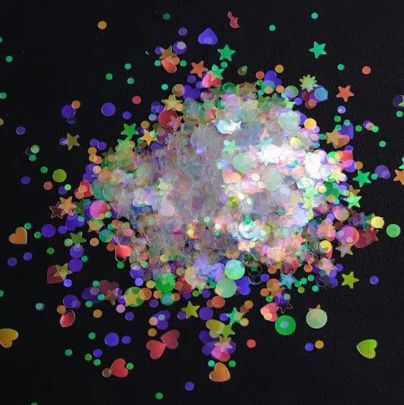 

AB-White Iridescent Glitter Mixed Size and Shape Heart Star Moon Confetti Glitter Resin Supplies Nail Art Decoden Slime - 50g