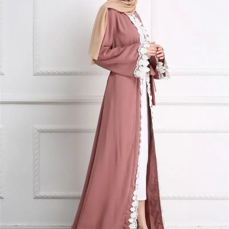 Розовое открытое кимоно Abaya в Дубае платье с поясом и вышивкой большие размеры