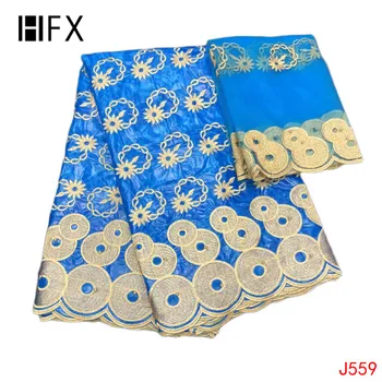 

HFX Bazin Riche Getzner Sky Blue African Cotton Embroidered Fabric with 2 yards French Lace Nigeria Latest Atiku Fabric L559
