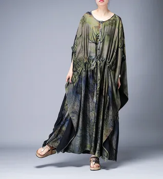 

2019 summer original large size women's silk print loose large version of casual dress noble lady over knee robes