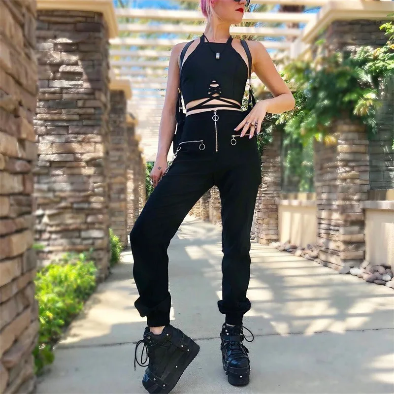

Black High Waist Patchwork Pants Women Fashion Hollow Out Adjustable Buckle Pencil Pants Streetwear Trousers Women SE138