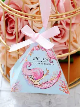 

free shipping 100pcs favor boxes candy box Marine theme wedding at the blue seaside mermaid custom name date picture on the tag