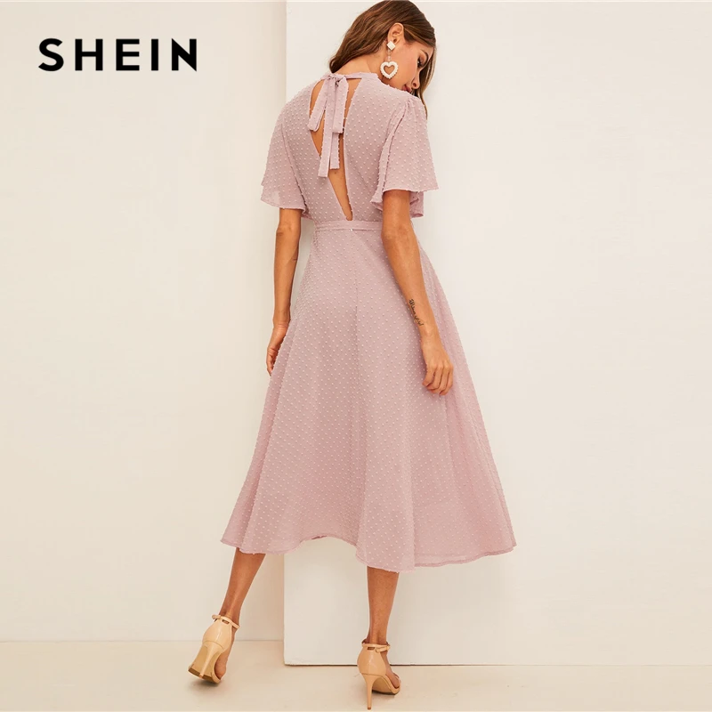 SHEIN Flutter Sleeve Swiss Dot Belted Dress Elegant Pink Pastel Solid ...