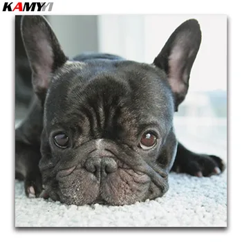 

5D Diy Diamond Painting Cross Stitch small black dog heads full Diamond Embroidery french bulldog round Diamond Mosaic puppy #