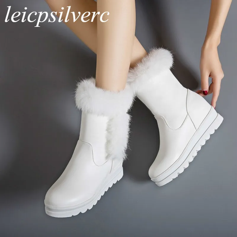 

Women Boots Autumn Winter Med Heel Warm Fur Pu Platform Wedges Mid-calf Motorcycle Shoes 2018 New Sexy Fashion Black White Pink