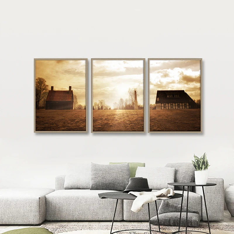 Canvas Paintings Wall Art Prints 3 Pieces Vintage Country house Pictures Sunset Landscape Posters Home Decor Living Room