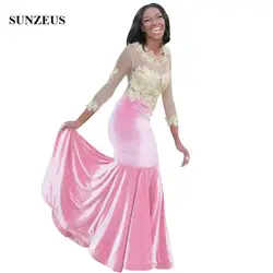Розовый велюровый платье для выпускного с подолом в виде русалочьего хвоста Длинные вечерние платья с рукавами три четверти Золотые