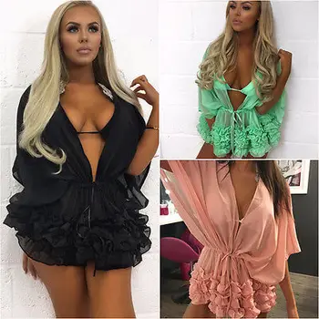 

Women Ruffles Beachwear Swimwear Bikini Cover Up Kaftan Ladies Summer Sunscreen Mini Sundress Cover-Ups Solid