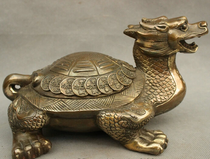 

wholesale factory 10" Chinese Bronze Copper 8 Diagrams Coin Longevity Shou Dragon Turtle Statue