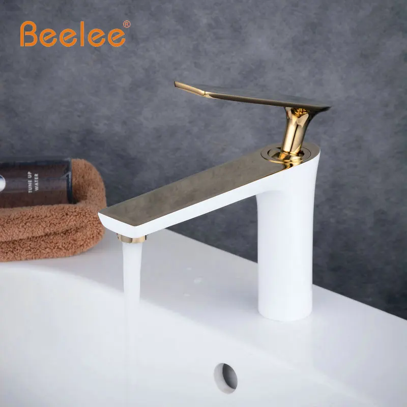 Beelee جديد وصول خلاط صنبور Torneira الحمام Tapware الغرور حوض صنبور الأبيض خبز صنبور مع الذهبي إنهاء الساخن و الماء البارد