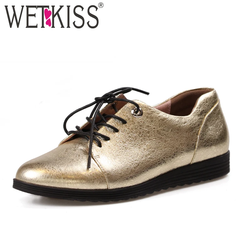 

WETKISS Big Size 41 New Fashion Casual Women Flats Lace Up Round Toe Flat Sole Shoes Leather Footwear 2018 Autumn Ladies Shoes