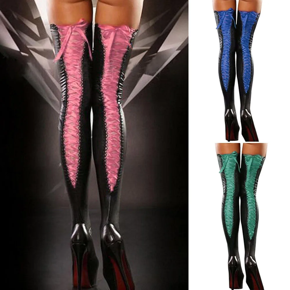 

Sexy Club Women fashion new 4 color Comfortable Thigh-high Stockings Leather Lace Bow Long Thigh High Knee Long Stocking