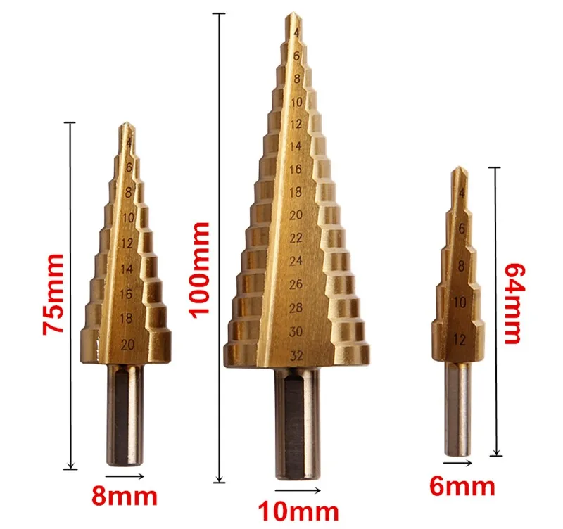 3 шт. Шаг сверло 4-12/4-20/4-32 мм HSS4241 Треугольники хвостовиком пагода лестничная дрель Титан покрытием Отверстие Резак Инструменты