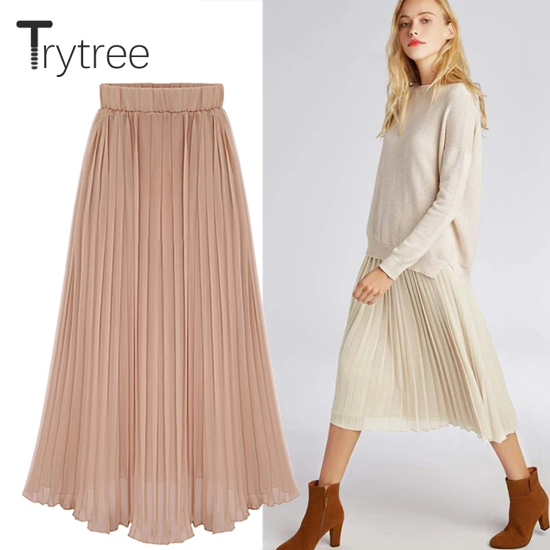 

Trytree Summer Autumn Pleated Skirt Womens Polyester 4 colours Solid Skirt Mid-Calf Skirts Elastic Waist A-Line Skirt Female