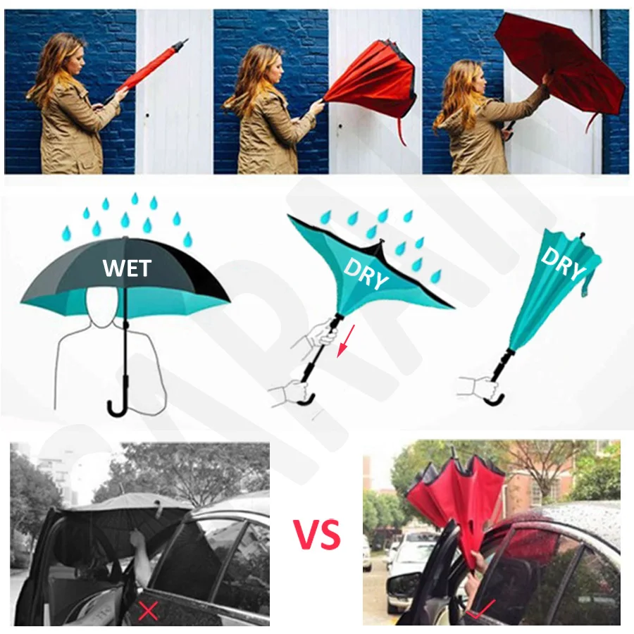 8-Women'S Umbrellas Inverted Durable Business Quality 2018 New Design Windproof Reverse Umbrella C-Hook Hands For Car