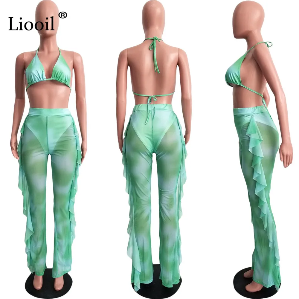 Liooil Tie Dye, комплект из 2 предметов, сексуальный женский комбинезон с открытой спиной и рюшами, v-образный вырез, открытые вечерние комбинезоны, неоновый женский комбинезон