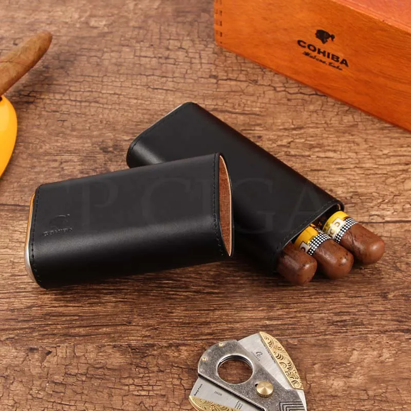 

COHIBA Cigar Travel Humidor Case Leather Portable Pocket Cigarette Cigar Case For 3 Cuban Cigars Box Ceadr Wood W/ Gift Box