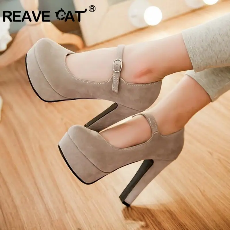

REAVE CAT 2019 Women Mary Jane High Heels Pumps Ladies Wedding Round toe Platform Flock Block Heel Buckle Strap Big size Party