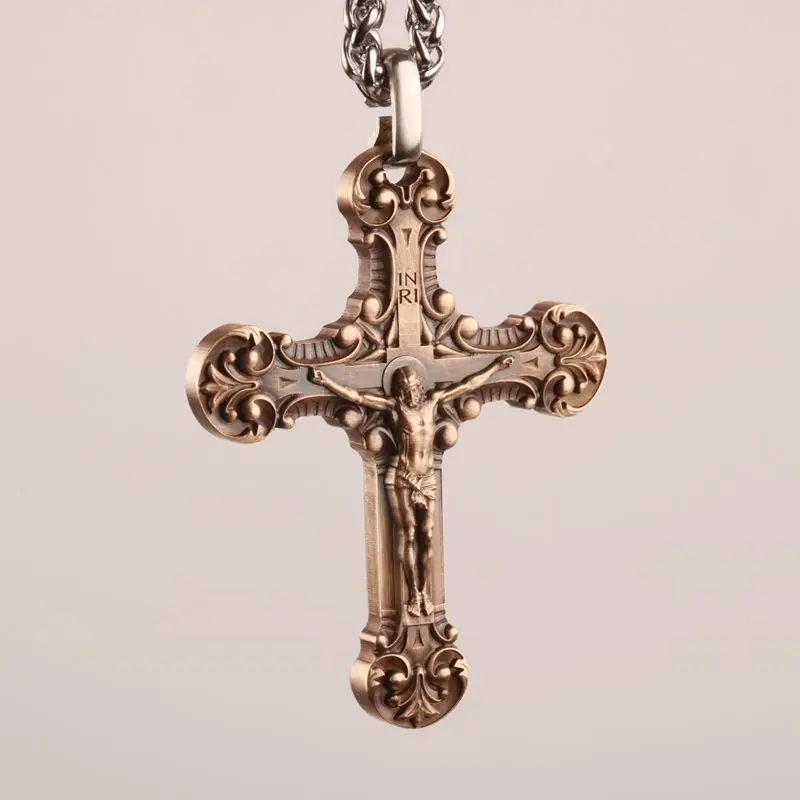 

H62 Brass Men's Jusus Christ Religious Crucifix Pendant 24 Inch Chain Cross