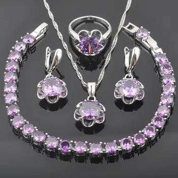 

2020 New Natural Purple Crystal For Women Silver Color Jewelry Sets Bracelet Necklace Earrings Ring Christmas Gift QS0245