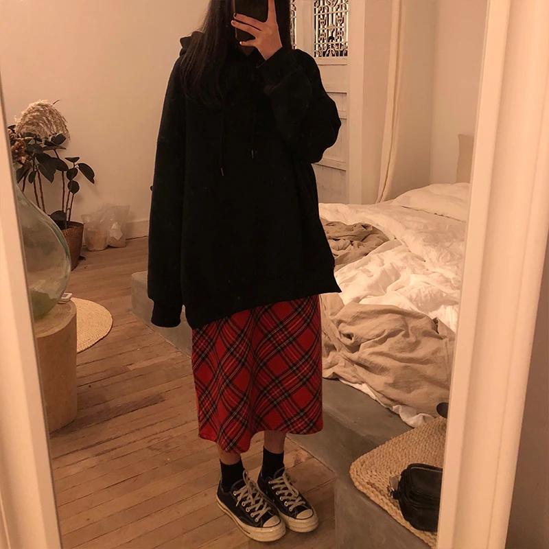 

S-L Winter vintage skirt High Waist Long Skirts plaid wool skirts a line skirts womens (X121)