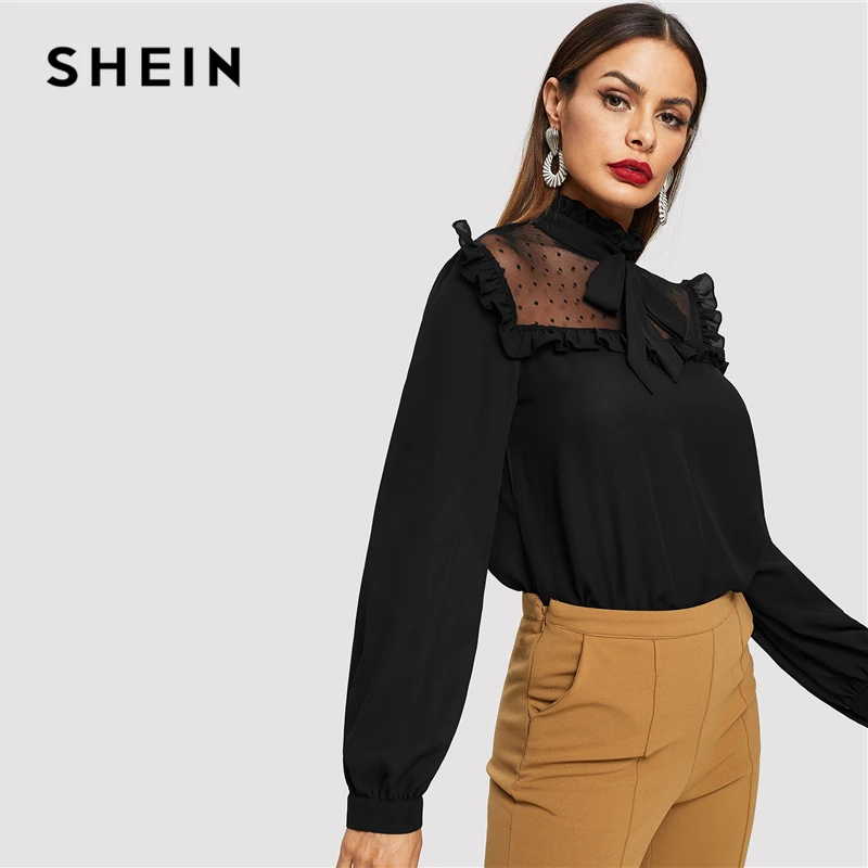 SHEIN Стильный Топ С Сетчатыми Вставками Женская Черная Элегантная Блузка С Длинными Рукавами