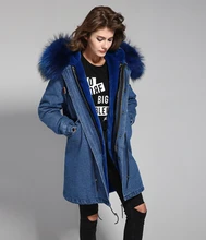 2016 women’s army green Large color raccoon fur hooded coat parkas outwear long detachable lining winter denim parka long style