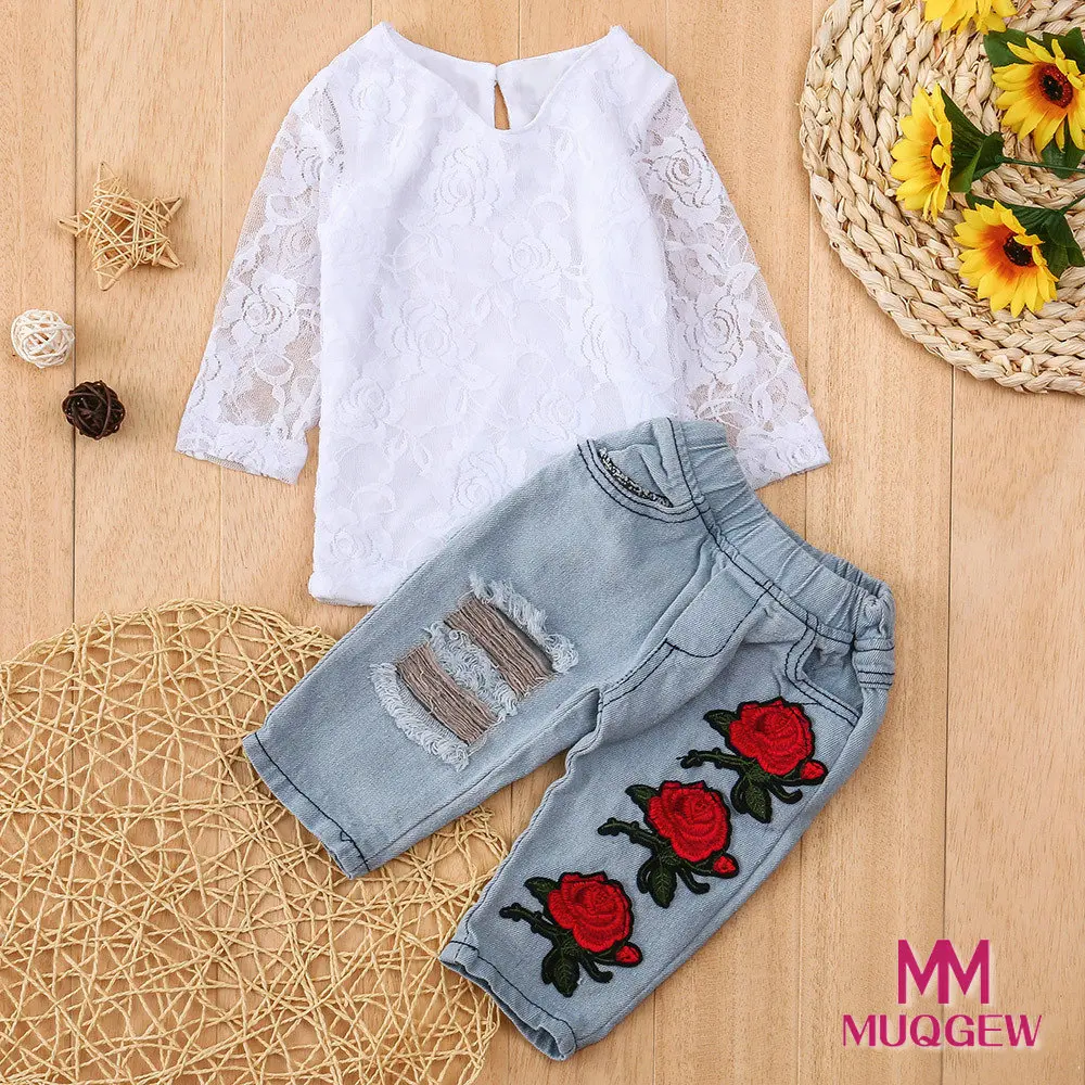 

MUQGEW Newborn Infant Baby Boys Girls Lace Flower Tops Shirt+Pants Outfits Sets T shirt Tops & Pants Kids Set girl dress Child